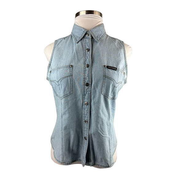 Harley Davidson Denim Vest Sleeveless Button Snap Shirt Blue Women's Size XL - Picture 6 of 12